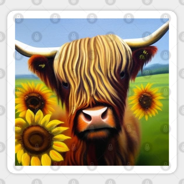 Highland Cow with Sunflowers Sticker by TrapperWeasel